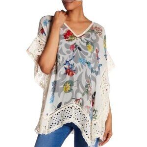 Johnny Was Floral V-Neck Lace Trim Poncho Top